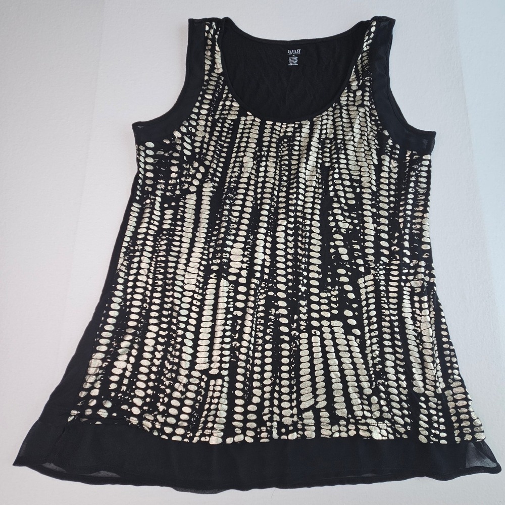 ANA A New Approach Black Gold Metallic Foil Polka Dot Tank Top Sleeveless XL
